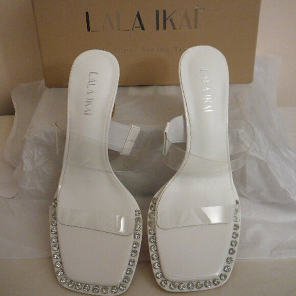Lala Ikai Women's White Clear Strap Rhinestone Trim Sandals Mules-US 7.5, EUR 38 - Picture 1 of 9